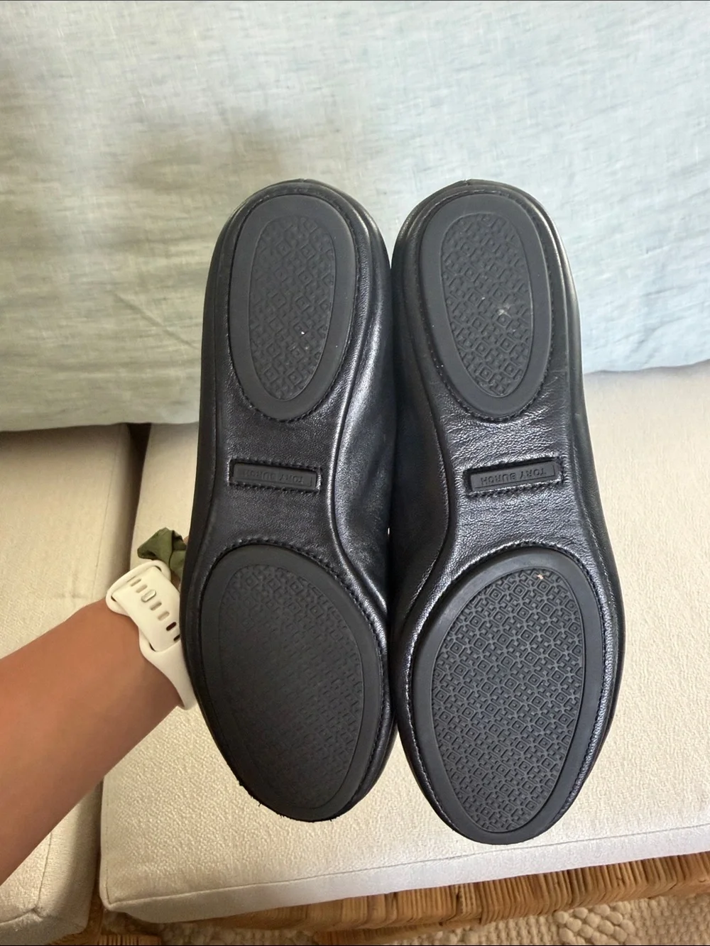 Tory Burch Black Leather Logo Round-Toe Ballet Flats